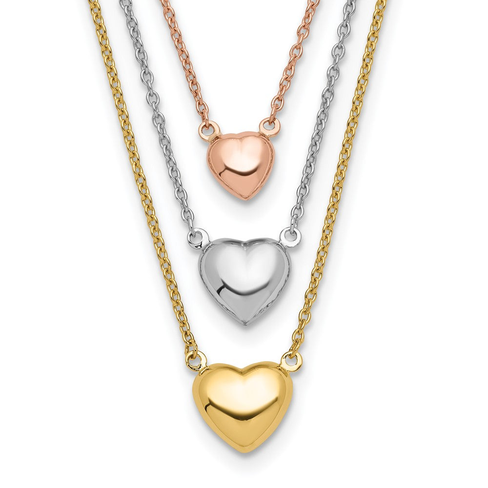 14K Tricolor Drei Herz mit 1 Zoll Verlängerung. Halskette