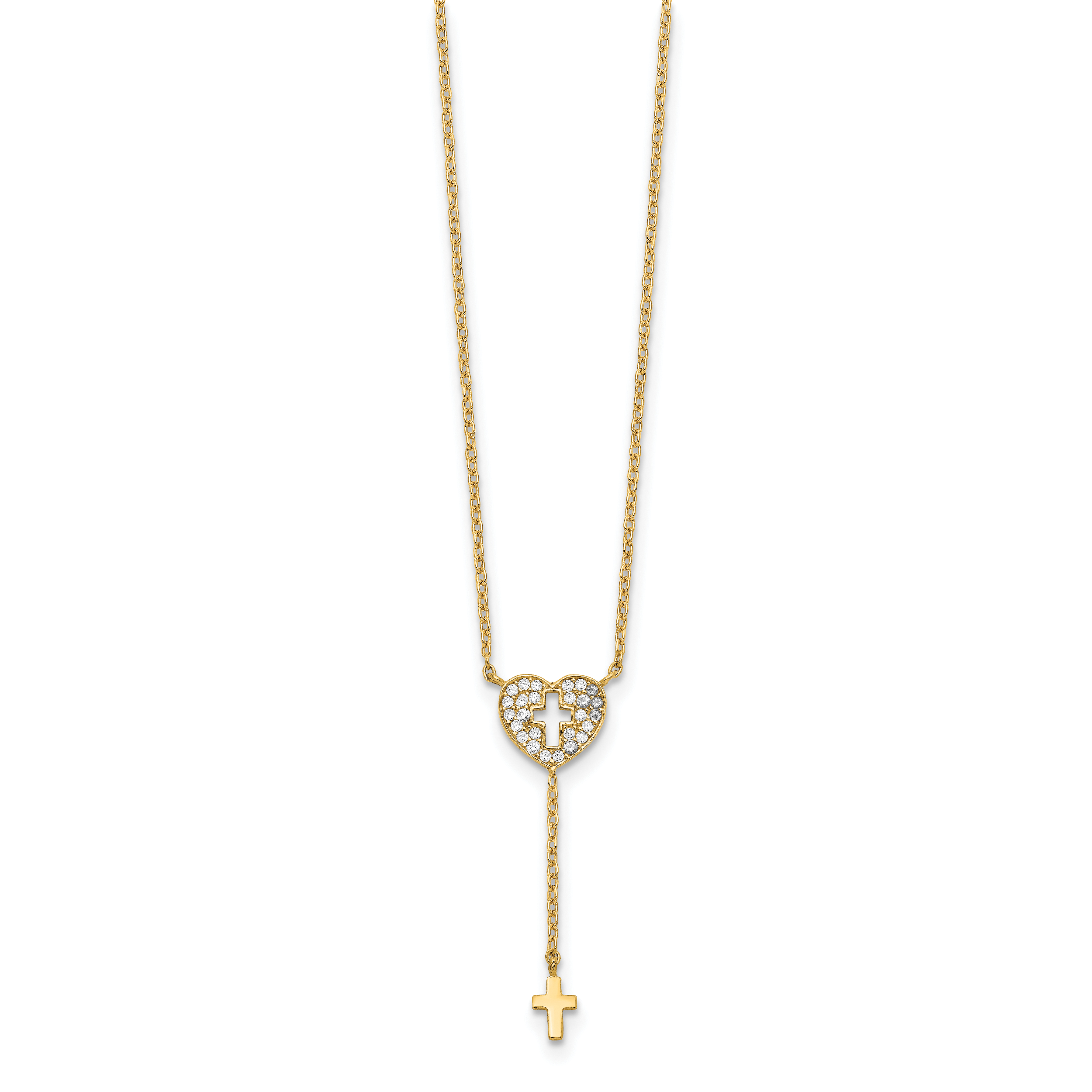 14K Gelbgold Herz mit Kreuz Zirkonia Halskette