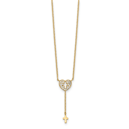 14K Gelbgold Herz mit Kreuz Zirkonia Halskette