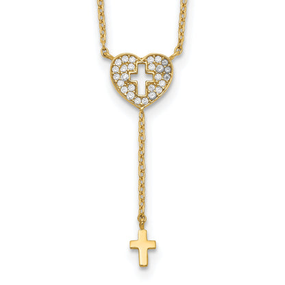 14K Gelbgold Herz mit Kreuz Zirkonia Halskette