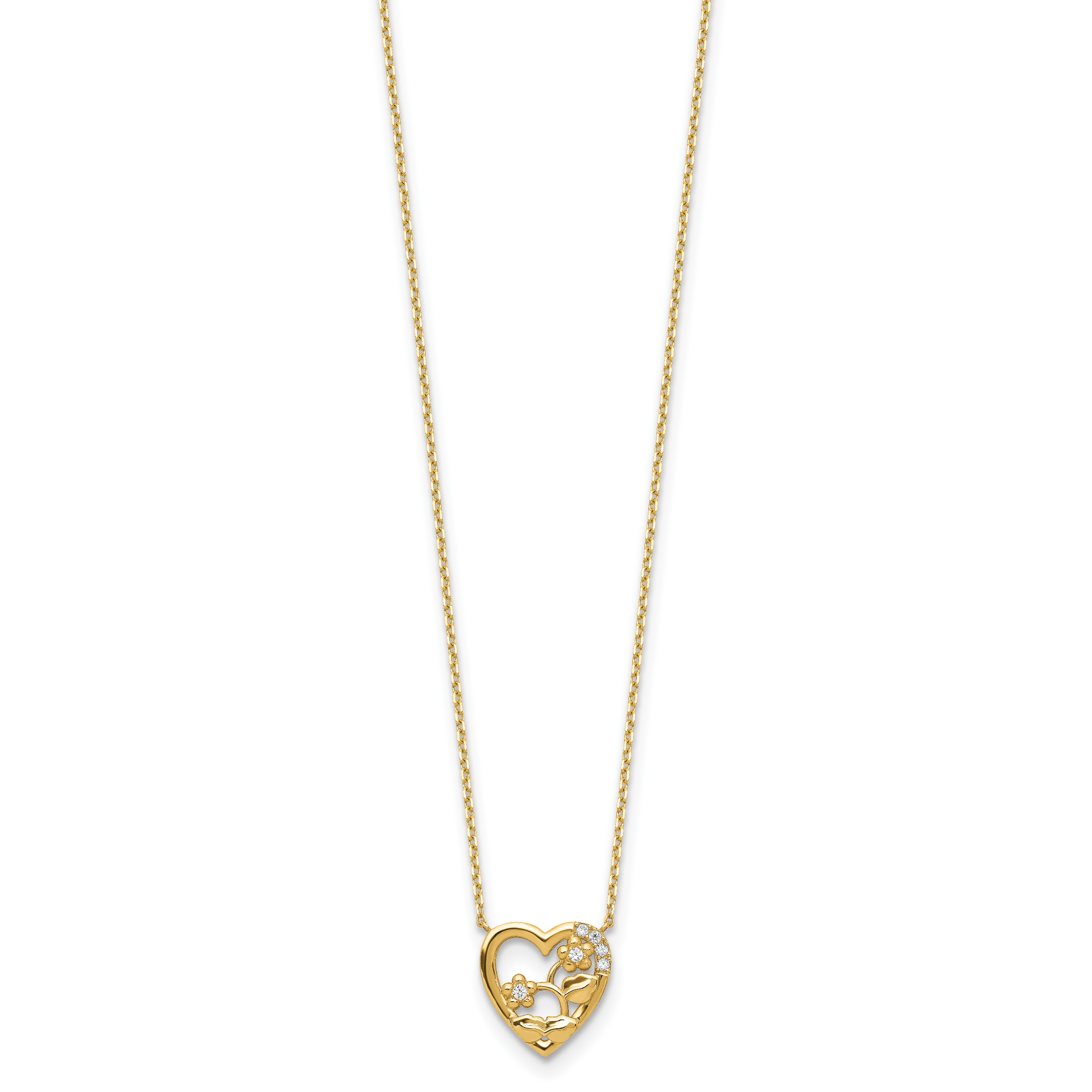 14K Gelbgold Herz mit Blumen & Zirkonia 2 Zoll Verlängerung Halskette