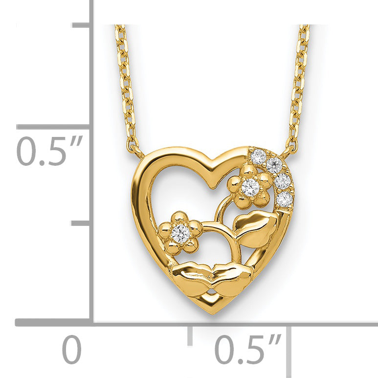 14K Gelbgold Herz mit Blumen & Zirkonia 2 Zoll Verlängerung Halskette