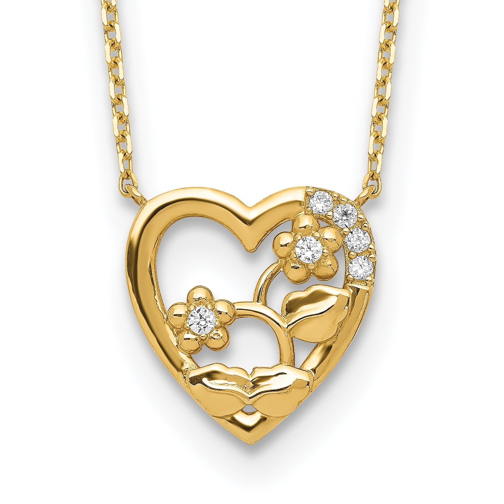 14K Gelbgold Herz mit Blumen & Zirkonia 2 Zoll Verlängerung Halskette