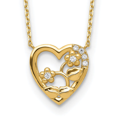 14K Gelbgold Herz mit Blumen & Zirkonia 2 Zoll Verlängerung Halskette