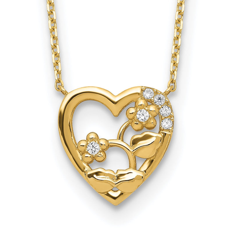 14K Gelbgold Herz mit Blumen & Zirkonia 2 Zoll Verlängerung Halskette