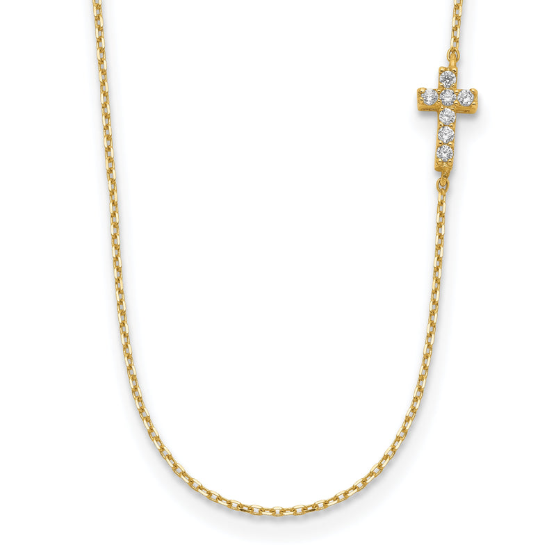14K Gelbgold Klein Kreuz Zirkonia mit 2 Zoll Verlängerung Halskette