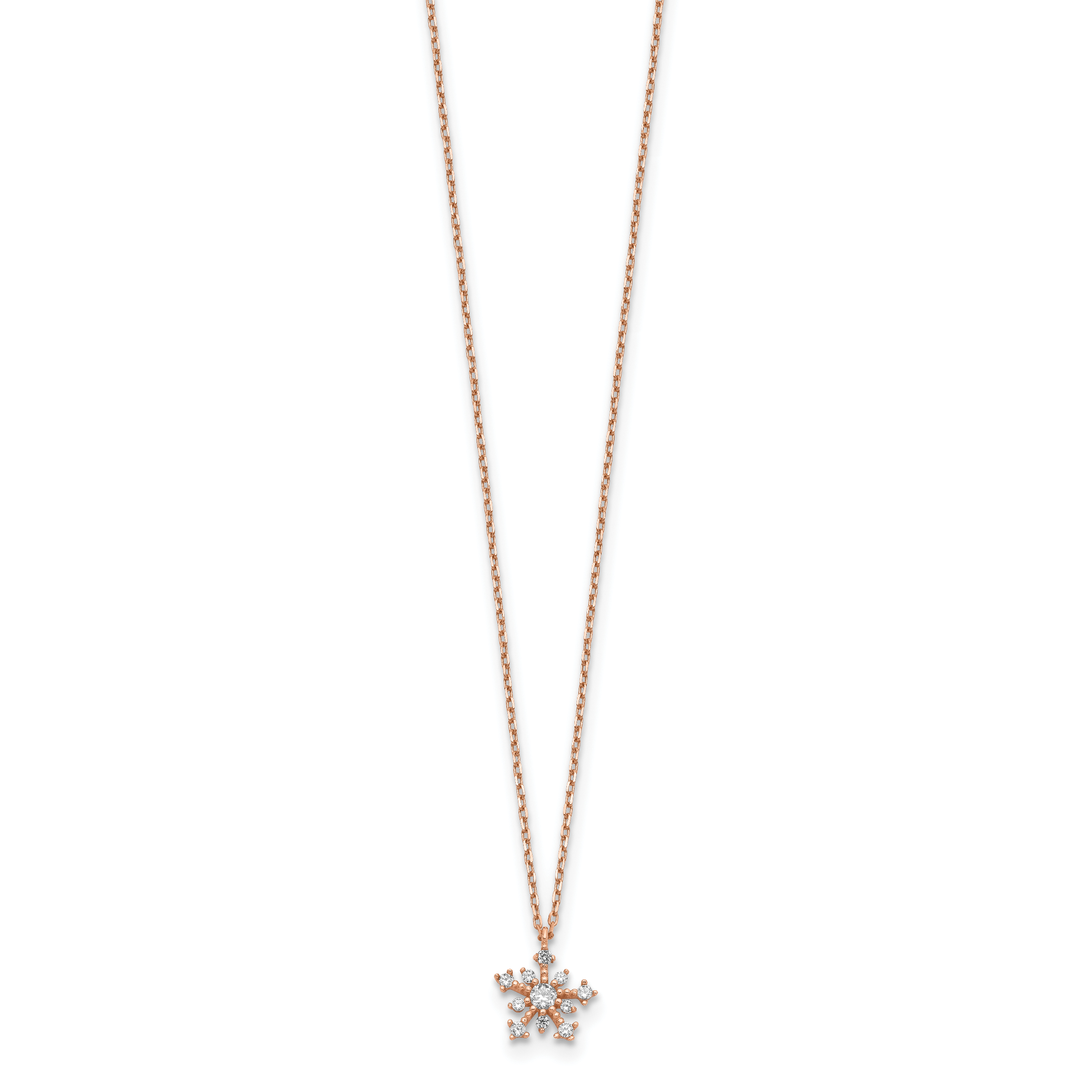14K Roségold Zirkonia Schneeflocke mit 1 Zoll Verlängerung. Halskette