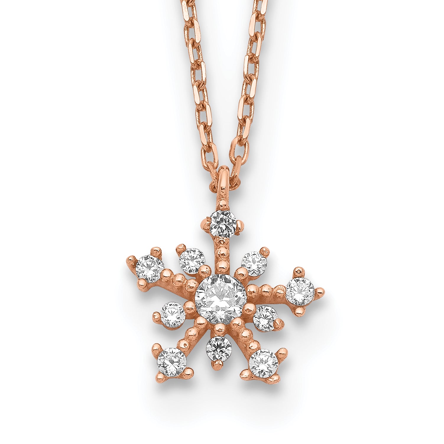 14K Roségold Zirkonia Schneeflocke mit 1 Zoll Verlängerung. Halskette