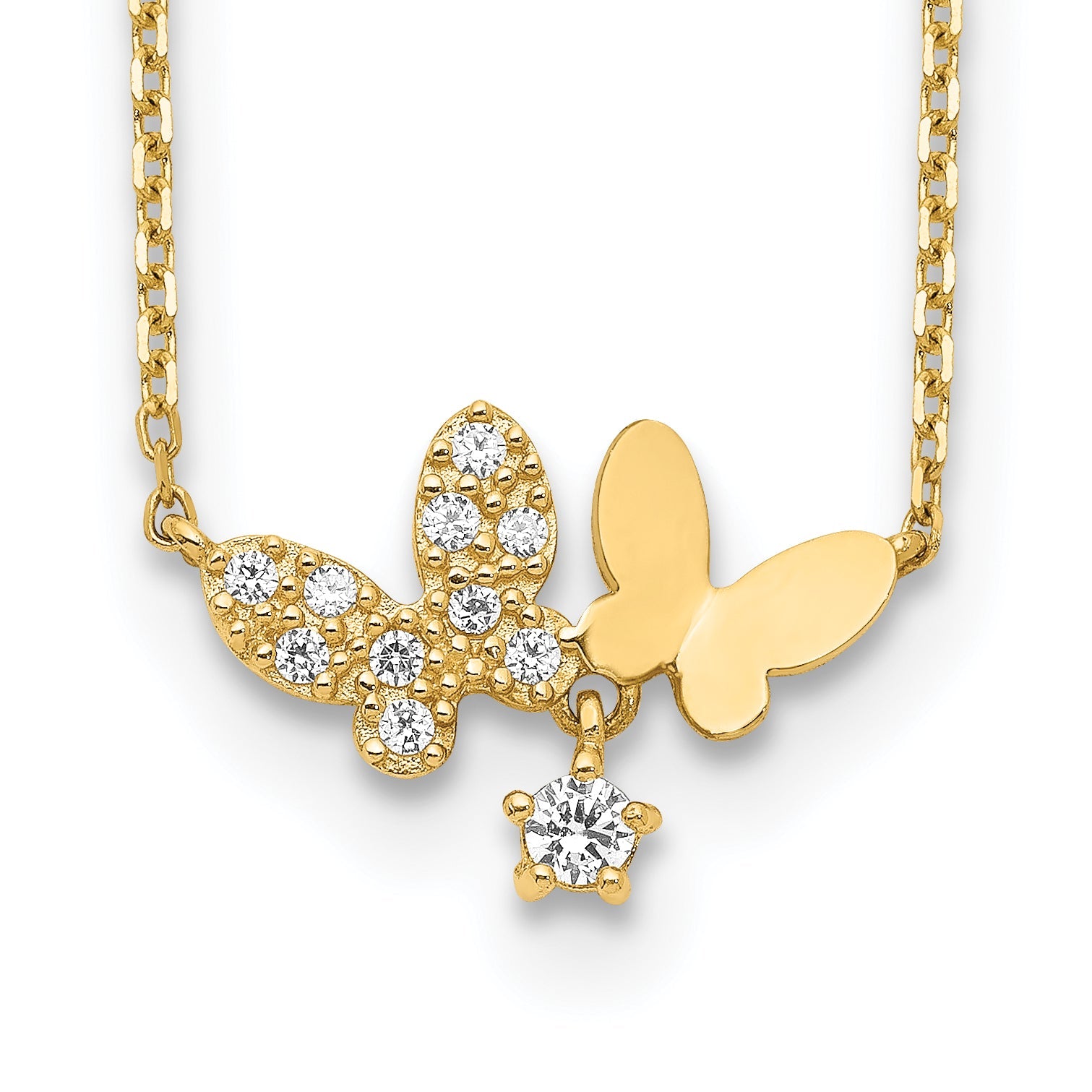 14K Gelbgold Butterflies Zirkonia mit 2 Zoll Verlängerung Halskette