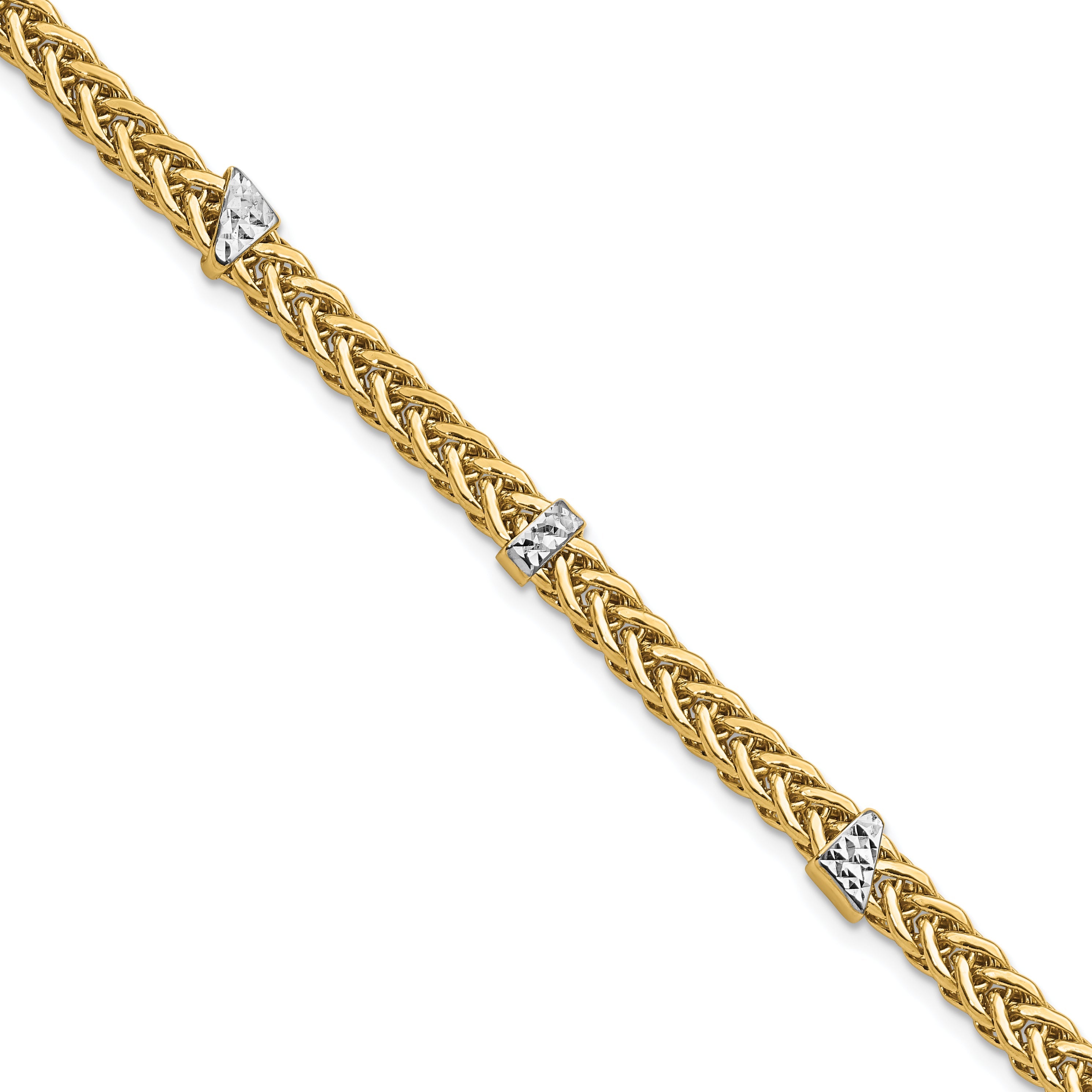 7.5 Zoll 14K & Weiß Rhodium Poliert Diamantiert Flach Weizen Armband
