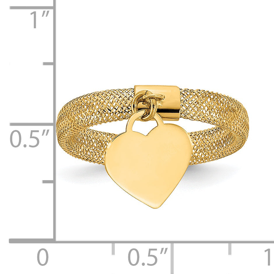 14K Gelbgold Geflochten Netz Dehnbar Poliert Herz Charm Ring
