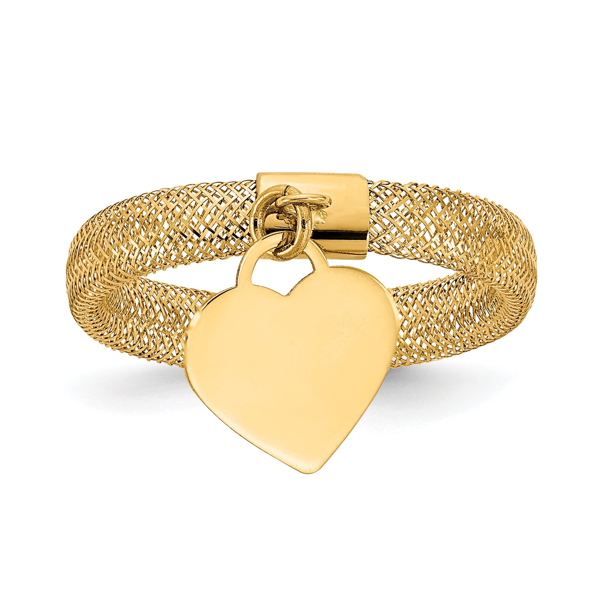 14K Gelbgold Geflochten Netz Dehnbar Poliert Herz Charm Ring