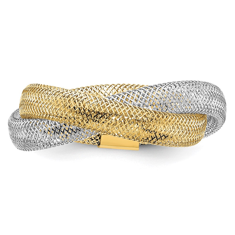 14K Gelb & Rhodium mit Geflochten Netz Dehnbar Ring