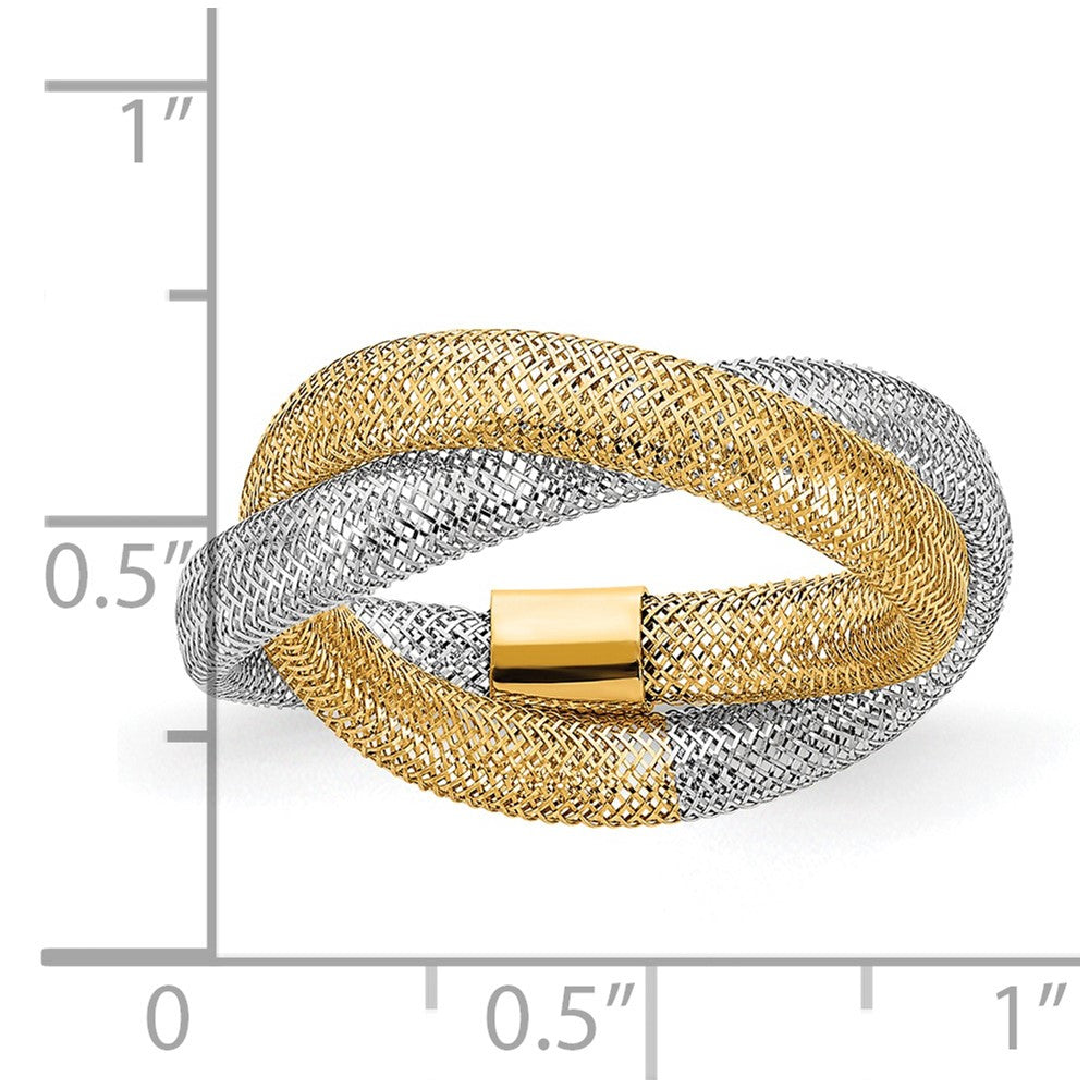 14K Gelb & Rhodium mit Geflochten Netz Dehnbar Ring