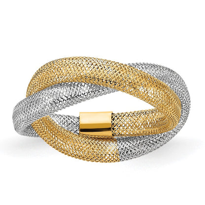 14K Gelb & Rhodium mit Geflochten Netz Dehnbar Ring