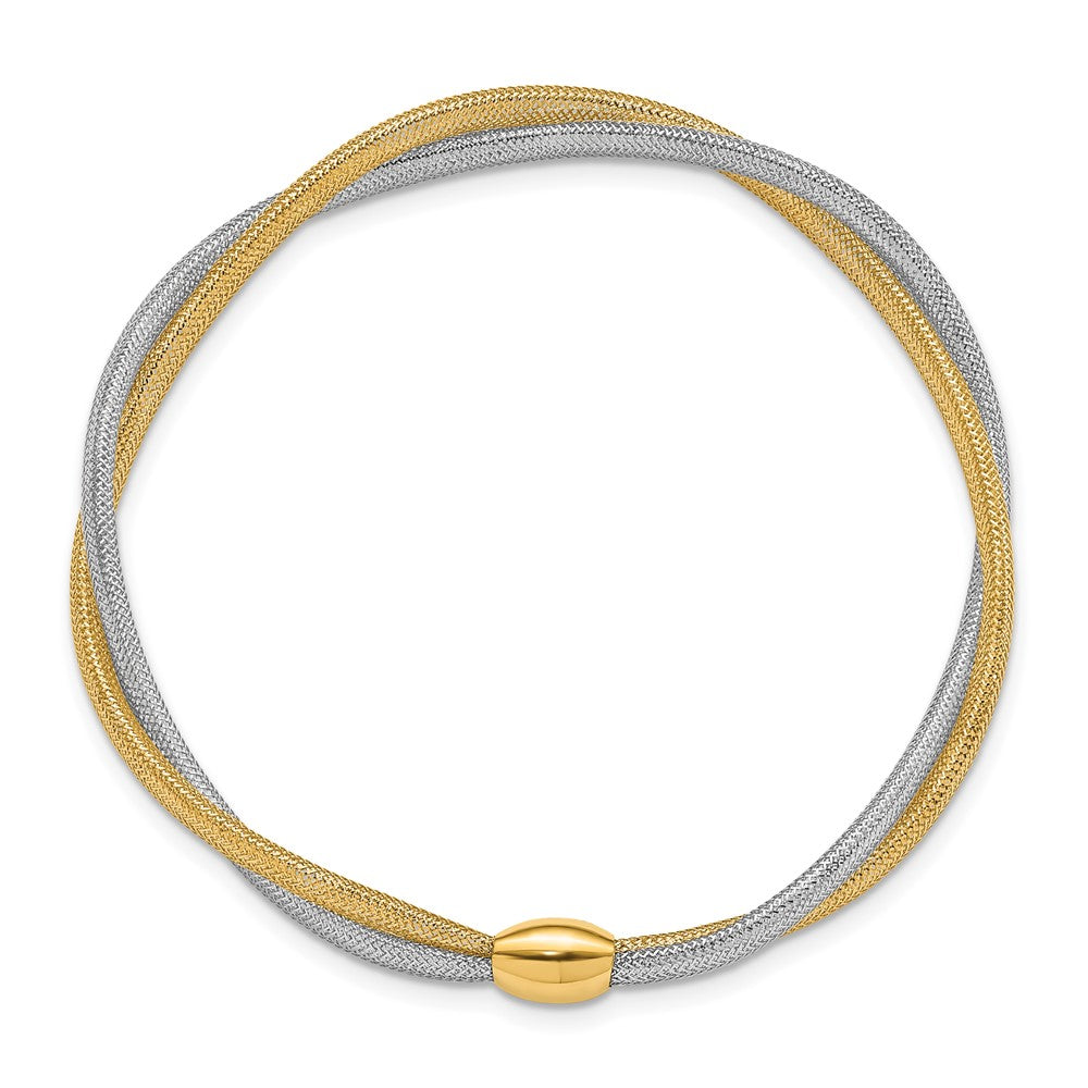 14K Gelb & Rhodium mit Gedreht Geflochten Netz Dehnbar Armband