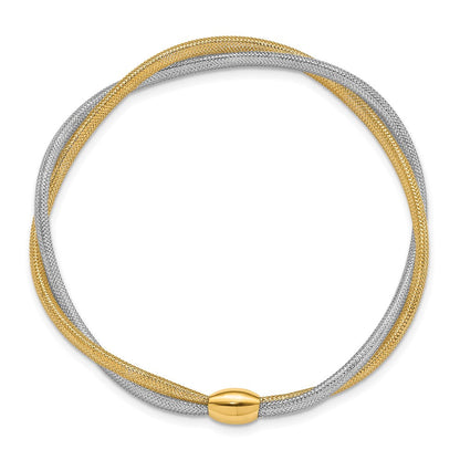 14K Gelb & Rhodium mit Gedreht Geflochten Netz Dehnbar Armband