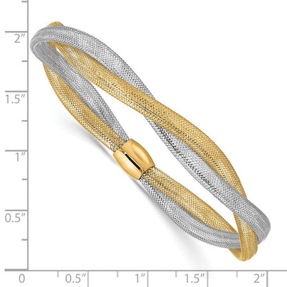 14K Gelb & Rhodium mit Gedreht Geflochten Netz Dehnbar Armband
