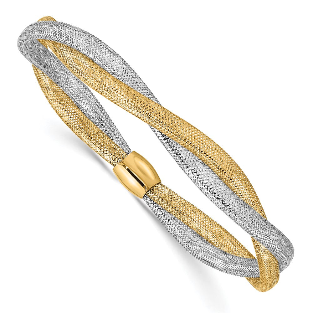 14K Gelb & Rhodium mit Gedreht Geflochten Netz Dehnbar Armband
