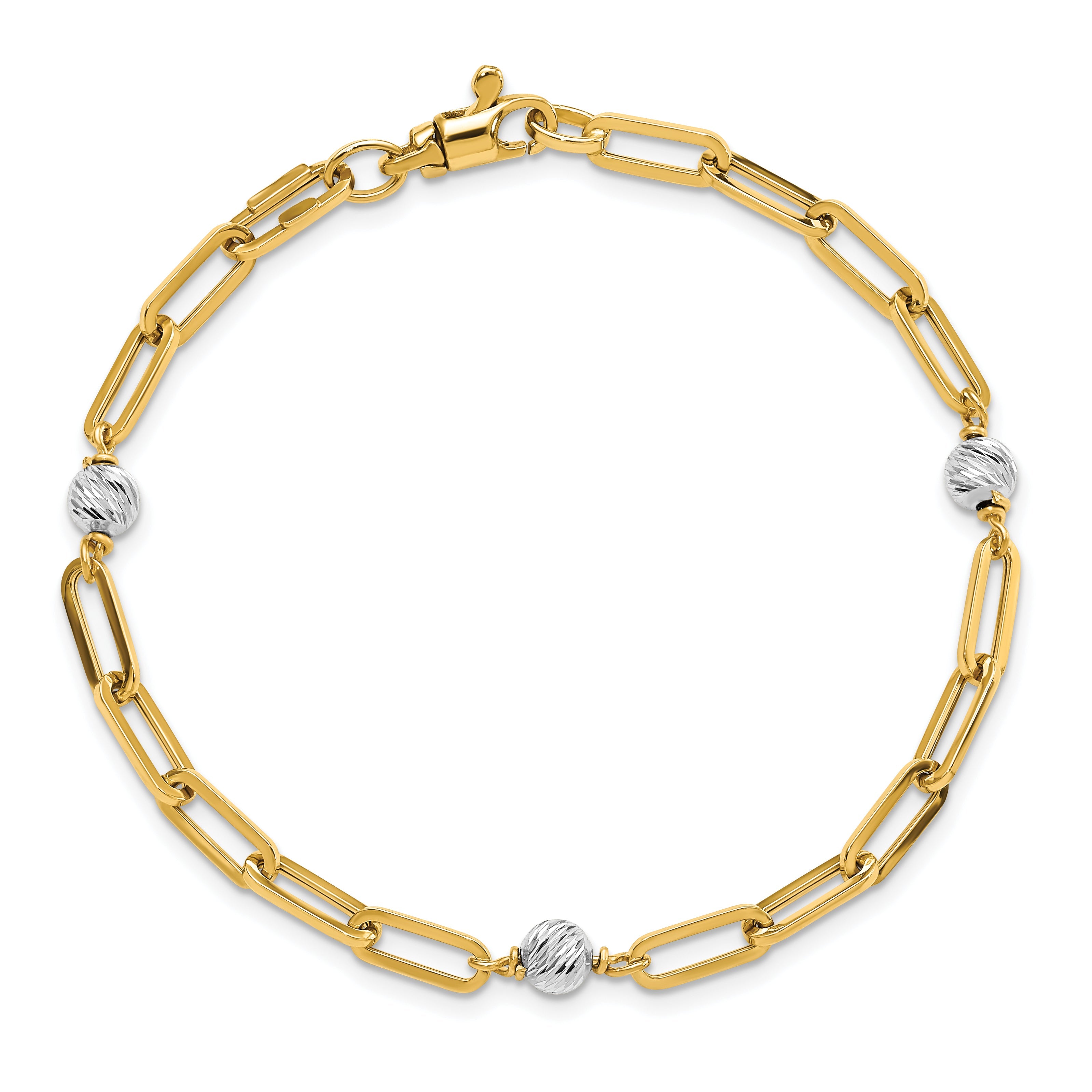 7.5 Zoll 14K Bicolor Poliert Diamantiert Perlen & Fantasieglieder Armband