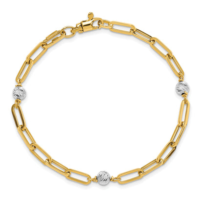 7.5 Zoll 14K Bicolor Poliert Diamantiert Perlen & Fantasieglieder Armband
