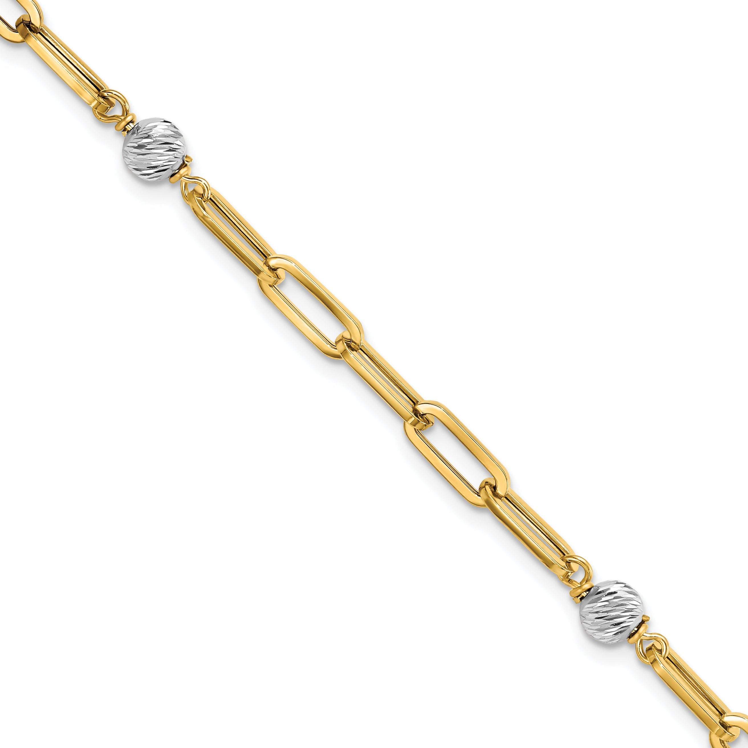 7.5 Zoll 14K Bicolor Poliert Diamantiert Perlen & Fantasieglieder Armband