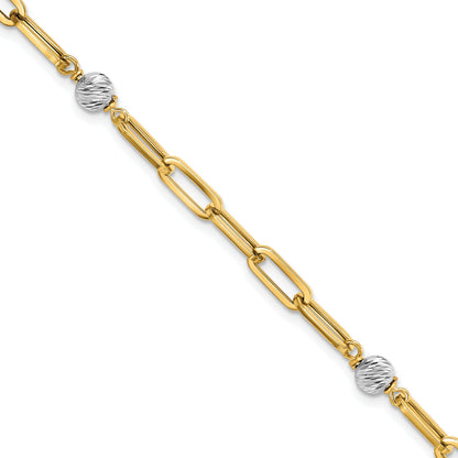 7.5 Zoll 14K Bicolor Poliert Diamantiert Perlen & Fantasieglieder Armband