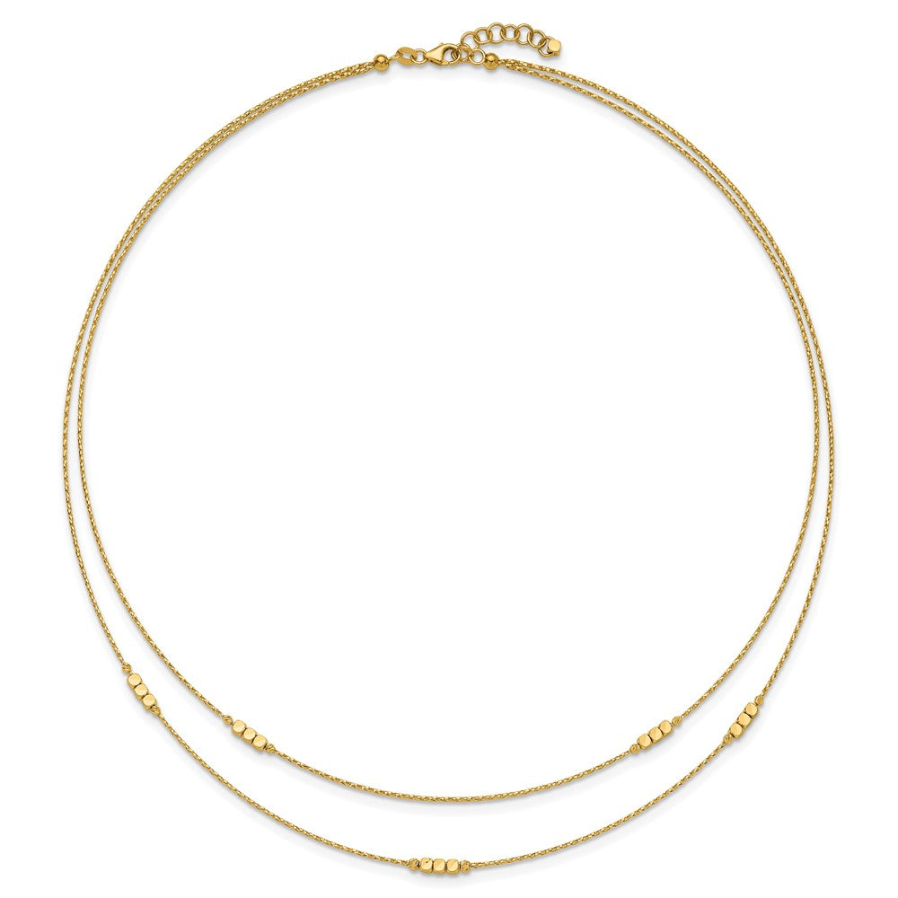 14K Gelbgold Poliert Diamantiert Gekugelt Doppelt Strang mit 1 Zoll Verlängerung. Halskette