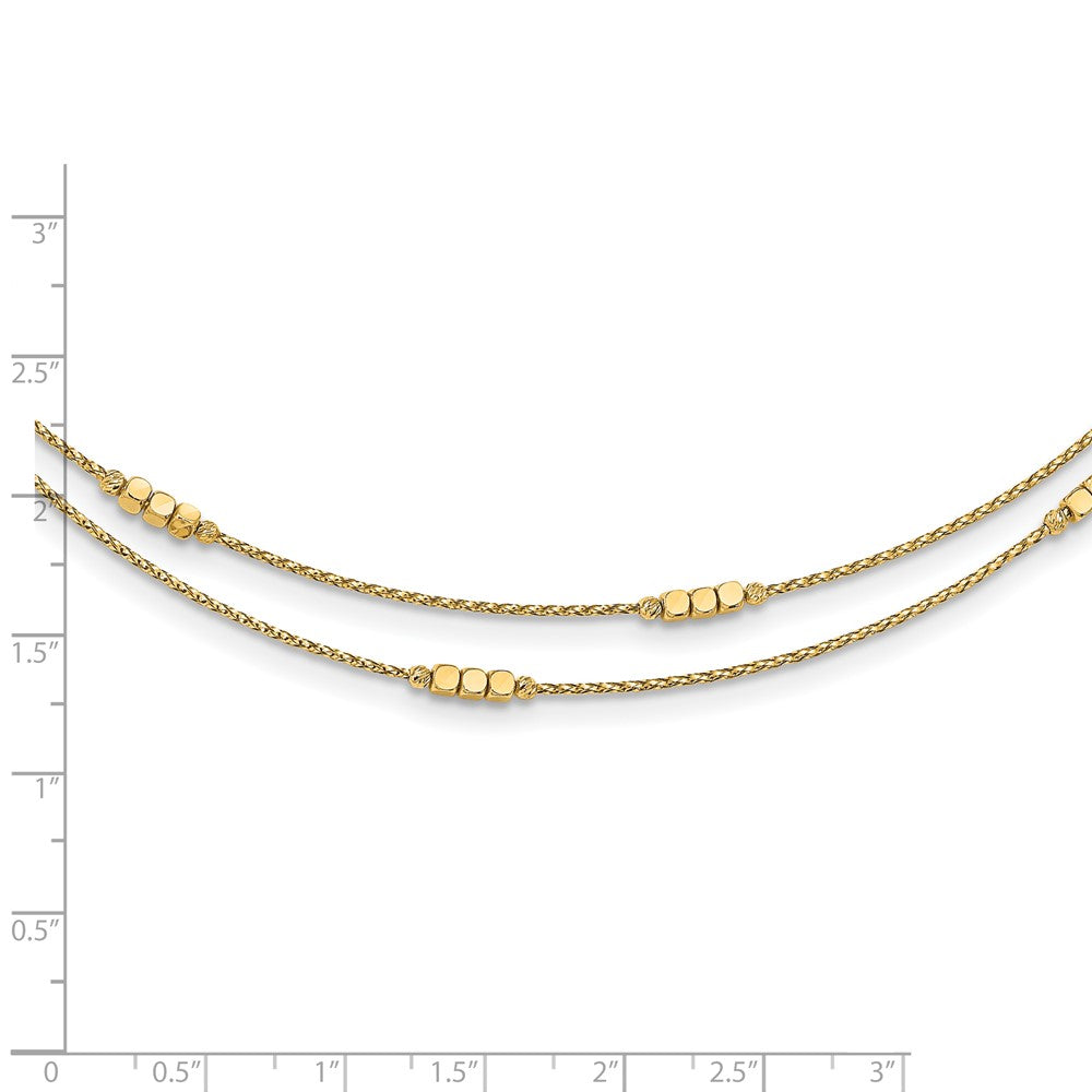 14K Gelbgold Poliert Diamantiert Gekugelt Doppelt Strang mit 1 Zoll Verlängerung. Halskette