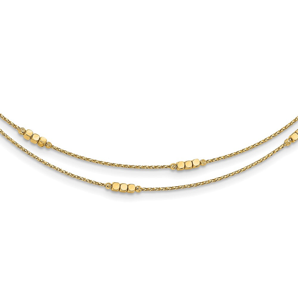 14K Gelbgold Poliert Diamantiert Gekugelt Doppelt Strang mit 1 Zoll Verlängerung. Halskette