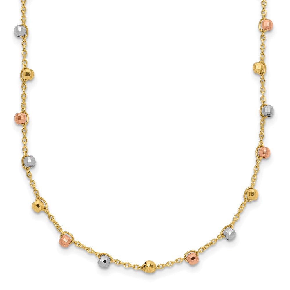 14K Tricolor Poliert Diamantiert Fantasie Gekugelt 18 Zoll Halskette