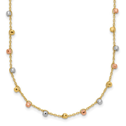 14K Tricolor Poliert Diamantiert Fantasie Gekugelt 18 Zoll Halskette