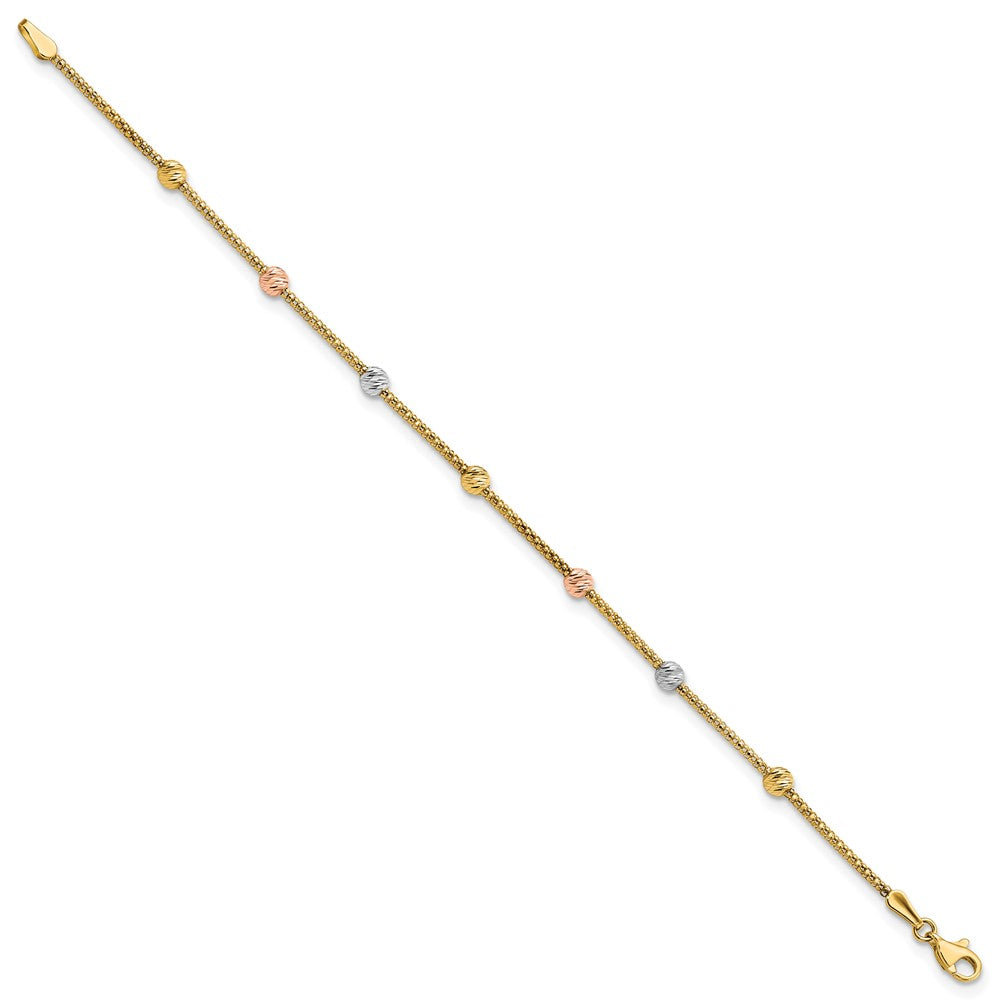 7.25 Zoll 14K Tricolor Diamantiert 7-station Perle und Gliederarmband