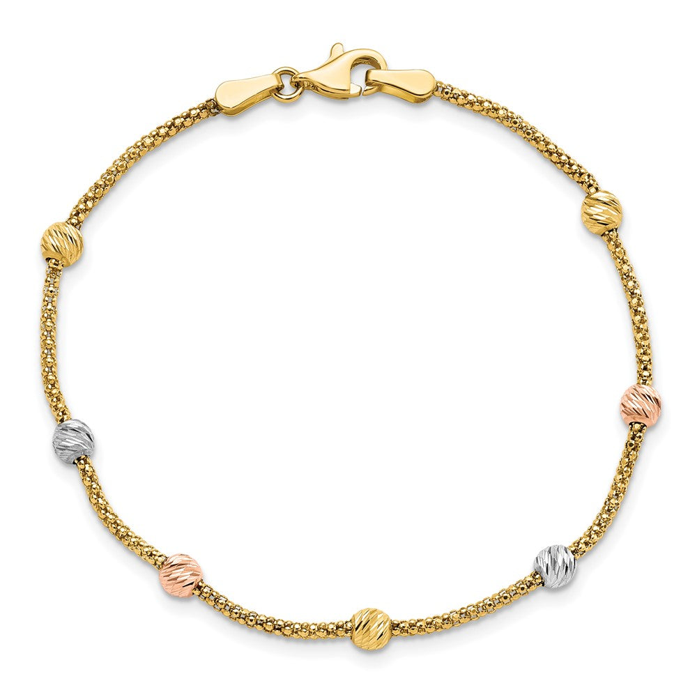 7.25 Zoll 14K Tricolor Diamantiert 7-station Perle und Gliederarmband