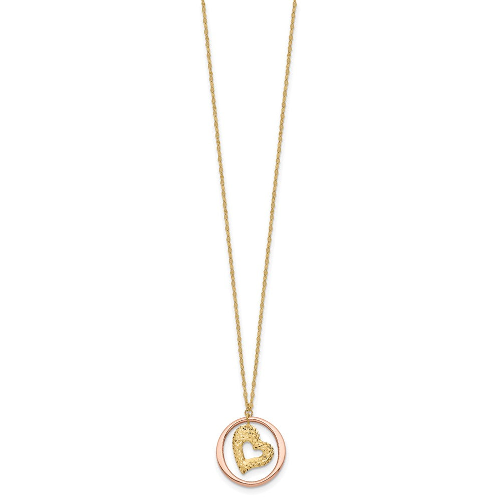 14K Bicolor Fantasieglieder Diamantiert Herz in Offen Kreis Halskette