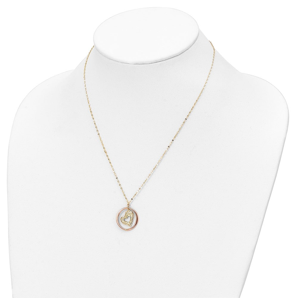 14K Bicolor Fantasieglieder Diamantiert Herz in Offen Kreis Halskette