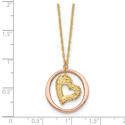 14K Bicolor Fantasieglieder Diamantiert Herz in Offen Kreis Halskette