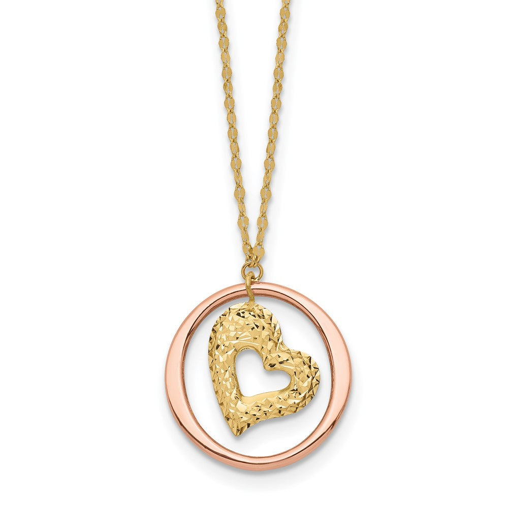 14K Bicolor Fantasieglieder Diamantiert Herz in Offen Kreis Halskette