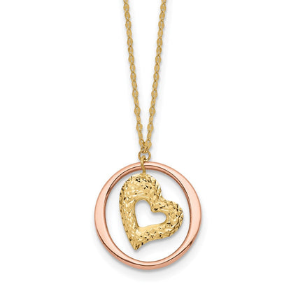 14K Bicolor Fantasieglieder Diamantiert Herz in Offen Kreis Halskette