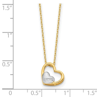 14K Gelb & Rhodium und Weiß Gebürstet Poliert Liebe Herz 17 Zoll Halskette