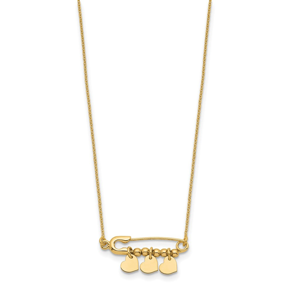 14K Gelbgold Sicherheits Brosche mit Hängend Herzen Halskette