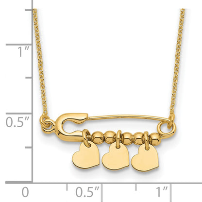 14K Gelbgold Sicherheits Brosche mit Hängend Herzen Halskette