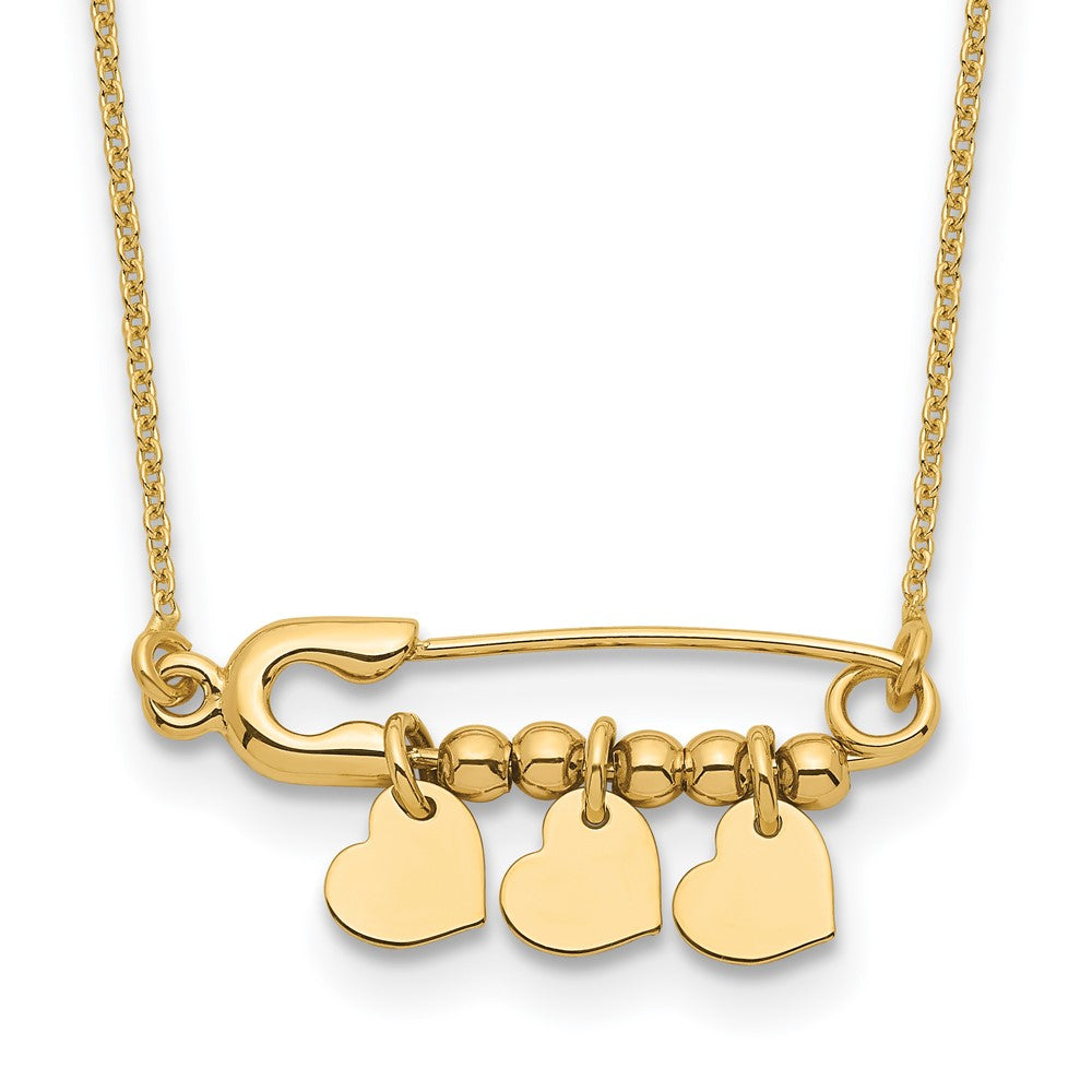 14K Gelbgold Sicherheits Brosche mit Hängend Herzen Halskette