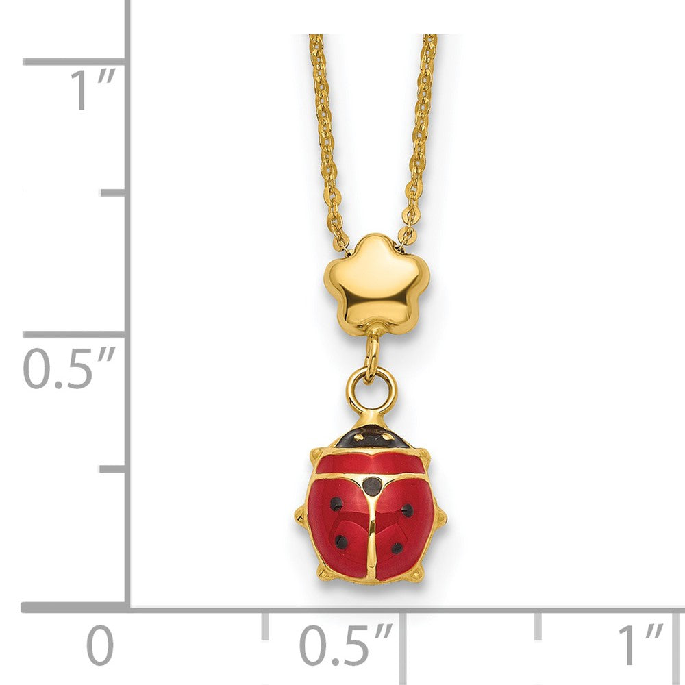 14K Gelbgold Poliert Emailliert Blume mit Marienkäfer 16.5 Zoll Halskette