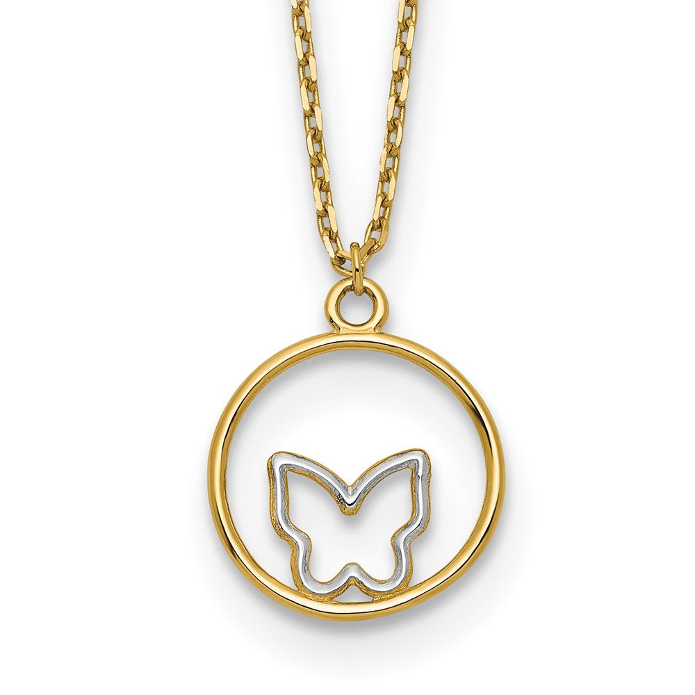 14K Gelb & Rhodium mit Rhodium Schmetterling in Kreis Halskette