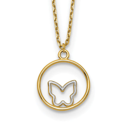 14K Gelb & Rhodium mit Rhodium Schmetterling in Kreis Halskette