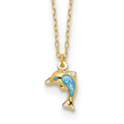 14K Gelbgold Poliert Emailliert Delfin 16.5 Zoll Halskette