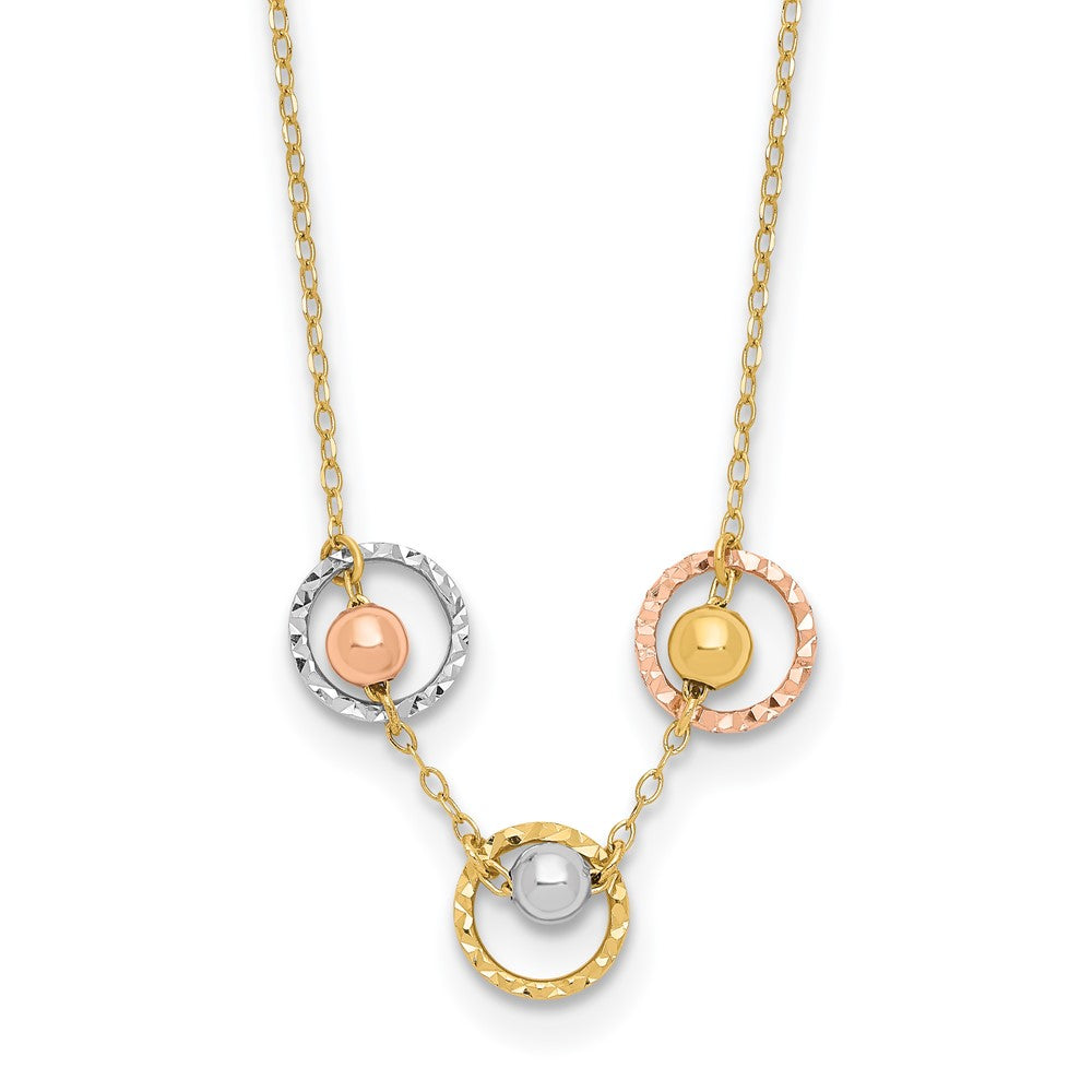 14K Tricolor Poliert Diamantiert 3 Kreis Perlen Halskette
