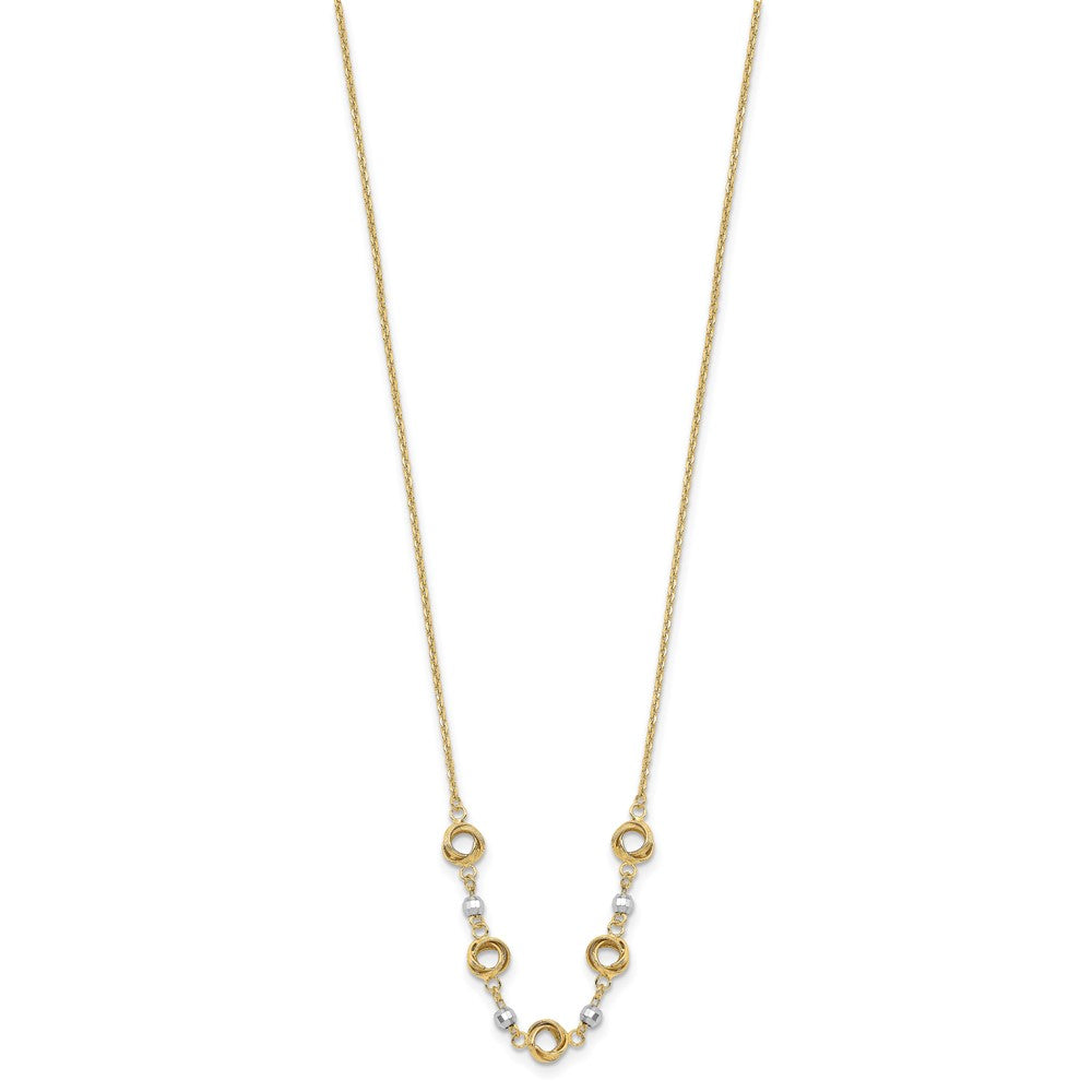 14K Bicolor 2 in Verlängerung Poliert Liebe Knots Diamantiert Perle Halskette