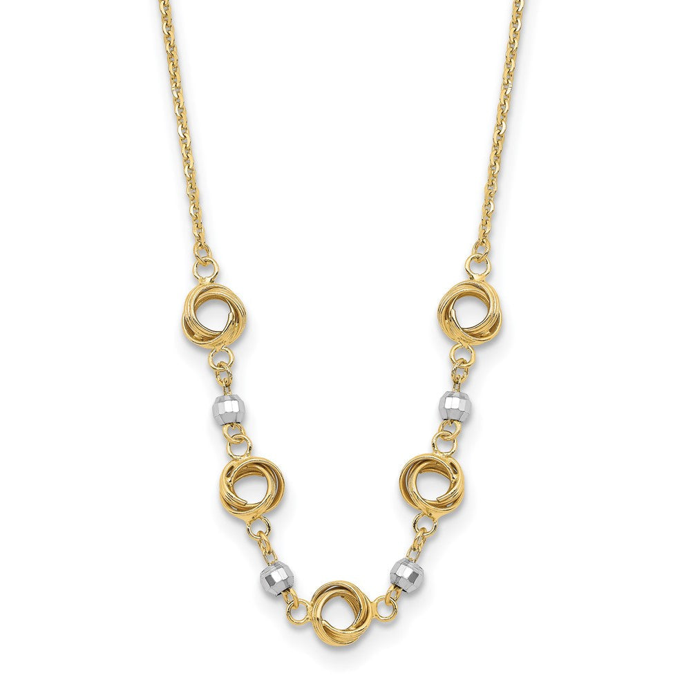 14K Bicolor 2 in Verlängerung Poliert Liebe Knots Diamantiert Perle Halskette